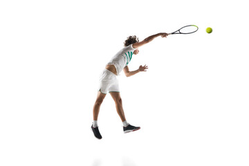 Fototapeta na wymiar Inspired. Young caucasian professional sportsman playing tennis isolated on white background. Training, practicing in motion, action. Power and energy. Movement, ad, sport, healthy lifestyle concept.