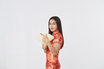 woman red cheongsam dress holding fan