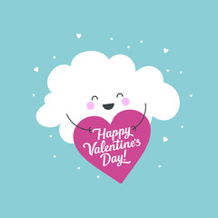 Happy valentines day greeting card. Kawaii cloud and heart. Cartoon vector illustration. 