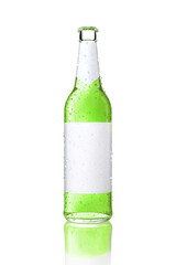 Single transparent glass bottle with blank white label.