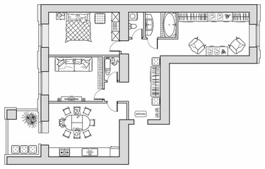 House or apartment  architectural sketch. Drawing of building. Set of furniture icons for floor plan and interior design all  residential rooms. Vector