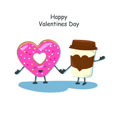 Happy valentine's day card with donut heart and coffee. 