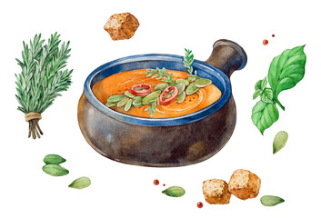 Pumpkin puree soup. Watercolor illustration on a white background.
