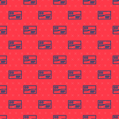 Blue line Postcard travel icon isolated seamless pattern on red background. Vector.