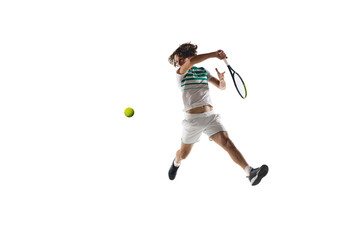 Plakat Flying. Young caucasian professional sportsman playing tennis isolated on white background. Training, practicing in motion, action. Power and energy. Movement, ad, sport, healthy lifestyle concept.