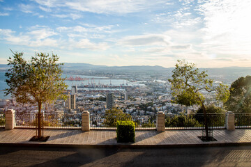 Haifa, Israel, January 23, 2021: sunrise over footpath in the Louis Promenade near the Bahai Garden, in Haifa city, Israel, space for text, space for copy