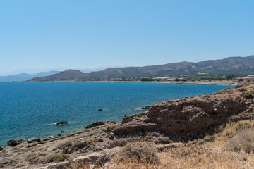 Rough Balos Lagoon (Balos Beach) trail landscape in northwestern part of Crete Island near Chania, Greece. Bumpy car road and footpath leads to the famous beach.