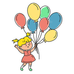 Fototapeta na wymiar Happy little girl holding balloons vector isolated. Doodle illustration of a happy child playing with colorful balloons. Girl in red dress.