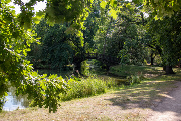 View of a wooden bridge in a park in Leipzig Germany
