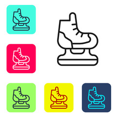 Black line Skates icon isolated on white background. Ice skate shoes icon. Sport boots with blades. Set icons in color square buttons. Vector.