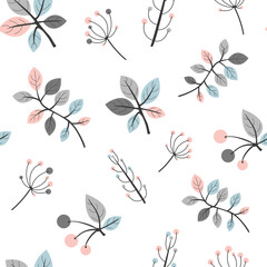 Seamless repeated surface vector pattern design with baby pink, baby blue and gray leaves, flowers and berries on a white background