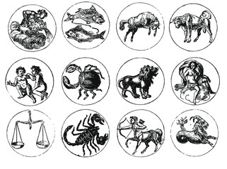 Vector set with zodiac signs on white background and retro vintage style. Astrology horoscope. With transparent background 