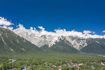 Aerial drone view of mieming mountain range in Obermieming valley village in Tyrol Austria