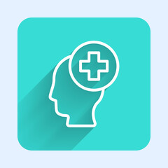 White line Male head with hospital icon isolated with long shadow. Head with mental health, healthcare and medical sign. Green square button. Vector.
