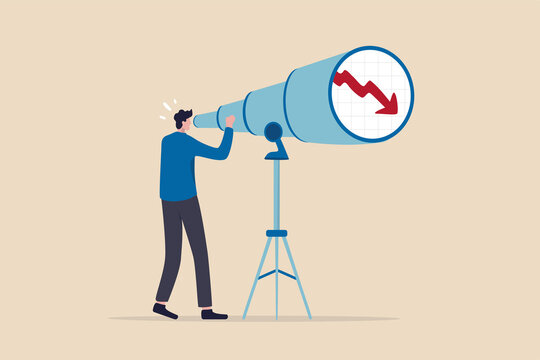 Stock market forecast downfall, vision to see future economic crisis or market crash concept, panic businessman investor look through telescope to see stock market red downward bearish graph.