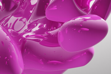 Abstract pink liquid drops splashing on a white background - illustration, computer generated 3D rendered image (closeup)