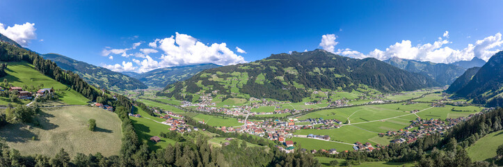 360 Panorama Aerial view of Zillertal Valley village in sunny summer afternoon in Tyrol Austria