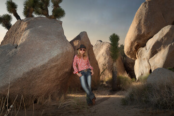 portrait of young beautiful girl in Joshua Tree park environment - 409209958