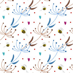 Elegant simple vector pattern with dandelions, bees, circles, hearts.  Stylized dandelion with seeds on a white background. Seamless pattern of dandelion