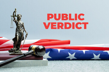 Public Verdict. Lady justice, judge gavel and books in front of a usa flag.