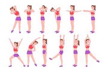 Workout girl set. Woman doing fitness and yoga exercises and lead healthy lifestyle. Full body workout. Lunges and squats, plank and abc. Flat vector cartoon illustration. 