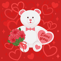 Toy bear on the background of love. Vector illustration of a teddy bear on a background of hearts. Editable strokes. All the details of the background can be edited and moved