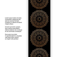 Template for card or invitation with golden lace mandalas on black background and place for text. Vector design.