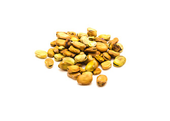 Pile of handful fava beans or broad beans planting seeds isolated on white background