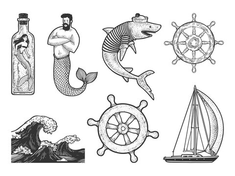 Sea ocean symbols items set sketch engraving vector illustration. T-shirt apparel print design. Scratch board imitation. Black and white hand drawn image.