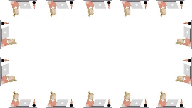 Seamless frame pattern of cartoon female with laptop on white background in 4k video.