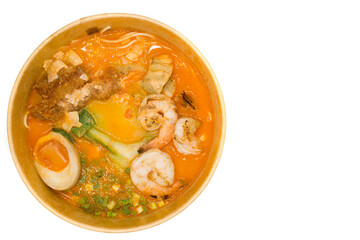 Japanese ramen ingredients in a bowl on white background