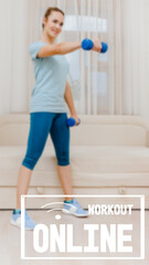 Fototapeta na wymiar Fit healthy strong woman exercising with dumbbells at home, physical fitness health without a gym, image with text workout online and oriented for use on a smartphone.
