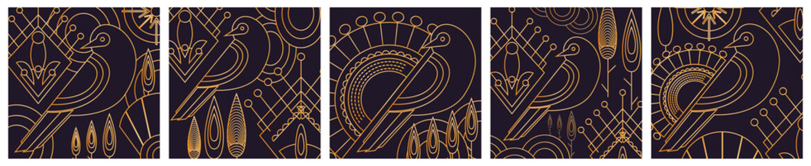 Set Decorative birds and plants in folk mythology. Swedish folklore. Tribal art in Scandinavian geometric style. Perfect for interior design, corporate identity, packaging