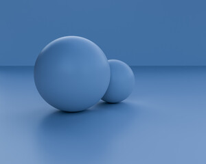 Blue Spheres render scene with classical blue color background, abstract 3D visualization