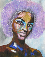 African woman with violet hair. Portrait  in street style hand drawn acrylic on canvas. Black lives matter. Pop art style picture. Acrylic beauty african woman. Modern fashion illustration. 