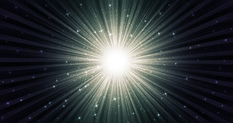 光輝く集中線、キラキラした星がちらばる、モノトーンのグラデーション、中央がまぶしく光る
