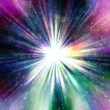 光輝く集中線、様々な色に光る星雲、中央がまぶしく光る、超新星爆発のイメージ	