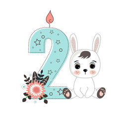Number two and a cute cartoon rabbit. Perfect for greeting cards, party invitations, posters, stickers, pin, scrapbooking, icons. Birthday concept