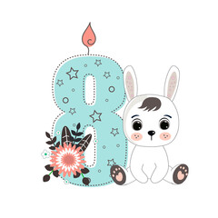 Number eight and a cute cartoon rabbit. Perfect for greeting cards, party invitations, posters, stickers, pin, scrapbooking, icons. Birthday concept