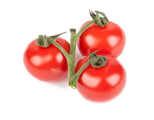 Fresh cherry tomatoes with a sprig isolated on a white background. View from another angle in the...