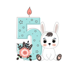 Number five and a cute cartoon rabbit. Perfect for greeting cards, party invitations, posters, stickers, pin, scrapbooking, icons. Birthday concept