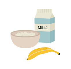 Vector illustration of breakfast. Plate with oatmeal, milk in a box, and banana. Hand-drawn illustration in flat style, isolated on white. Suitable for illustration healthy breakfast, morning routine.