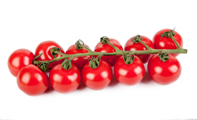 Fresh cherry tomatoes with a sprig isolated on a white background. View from another angle in the...