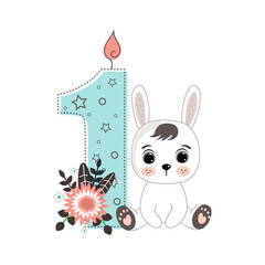 Number one and a cute cartoon rabbit. Perfect for greeting cards, party invitations, posters, stickers, pin, scrapbooking, icons. Birthday concept