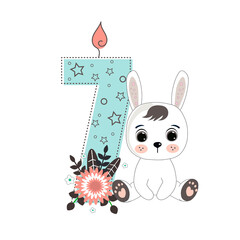 Number seven and a cute cartoon rabbit. Perfect for greeting cards, party invitations, posters, stickers, pin, scrapbooking, icons. Birthday concept