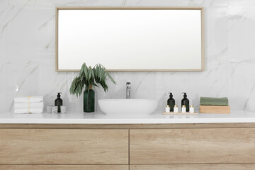 Modern bathroom interior with stylish mirror and vessel sink