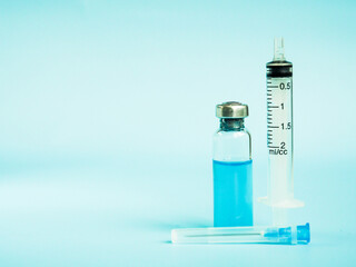 Vaccine and syringe injection. Vials medicine bottles. Laboratory. Prevention,immunization and treatment from corona virus infection COVID-19. Healthcare. Medical concept. Space for text