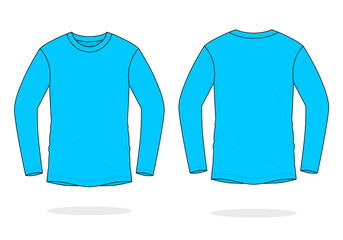 Blank Cyan Blue Long Sleeve T-Shirt Template On White Background..Front And Back View.