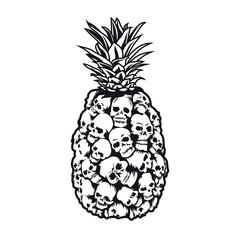 Pineapple skull emblem design. Monochrome element, fruit with skeleton heads pattern vector illustration. Summer tropical party concept for symbols or tattoo templates
