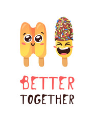 Hand Drawn Ice Cream Vector Artistic Drawing and Quote. Summer Illustration Sweet Fast Food Emoticon. Funny Emoji and Text